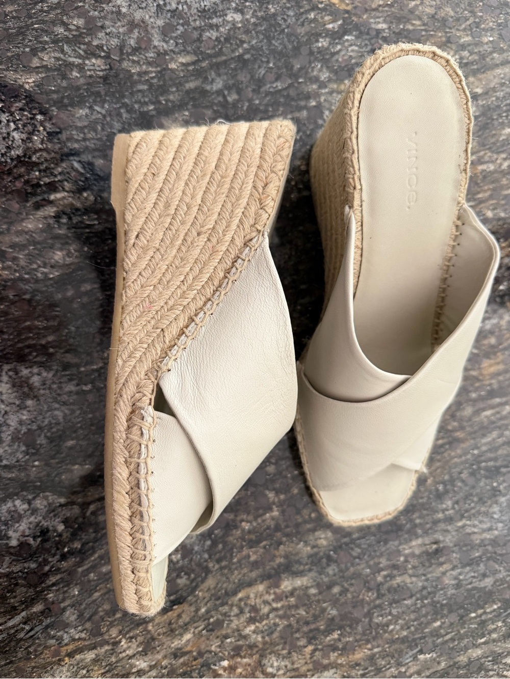 New Vince Ivory Leather Espadrille Wedge Sandals – Made in Spain, Size 8M
